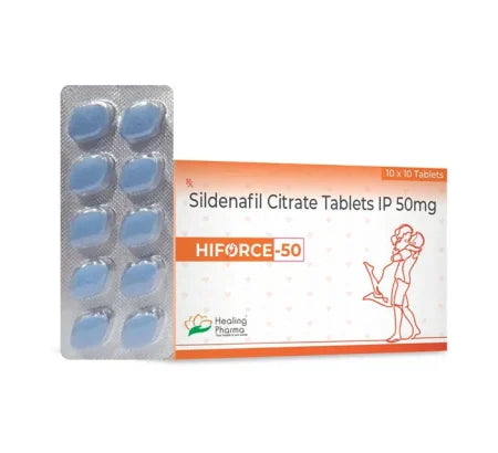 Package of Hiforce 50 standard strength Sildenafil tablets for men's health