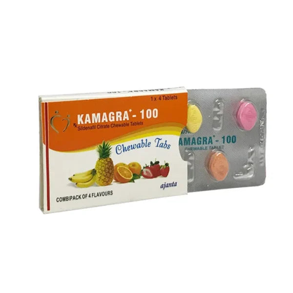 Kamagra Chewable standard strength Sildenafil soft tablet packaging for erectile dysfunction treatment