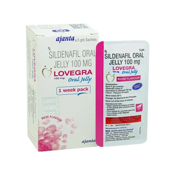 Lovegra Oral Jelly (Rose Flavour) Oral Jelly standard strength oral jelly - Sildenafil Citrate for ED