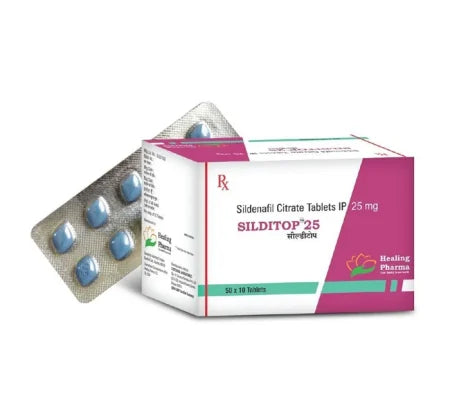 Package of Silditop 25 standard strength Sildenafil tablets for men's health