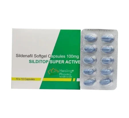 Package of Silditop Super Active standard strength Sildenafil tablets for men's health
