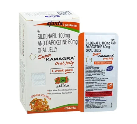 Super Kamagra Oral Jelly standard strength Sildenafil oral jelly packaging for erectile dysfunction treatment