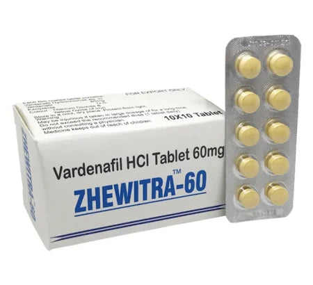 Zhewitra 60 mg high-strength Vardenafil tablet blister pack by Sunrise Remedies