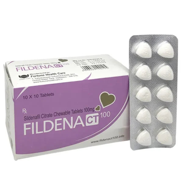 Package of Fildena Ct 100 standard strength Sildenafil tablets for men's health