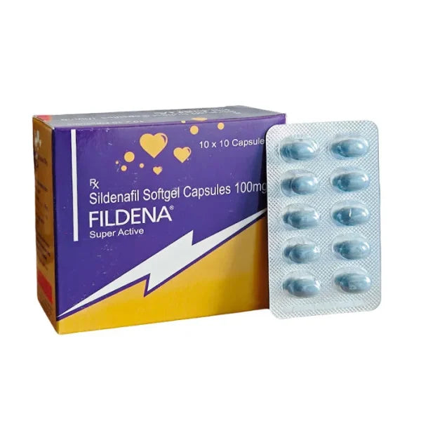 Package of Fildena Super Active standard strength Sildenafil tablets for men's health