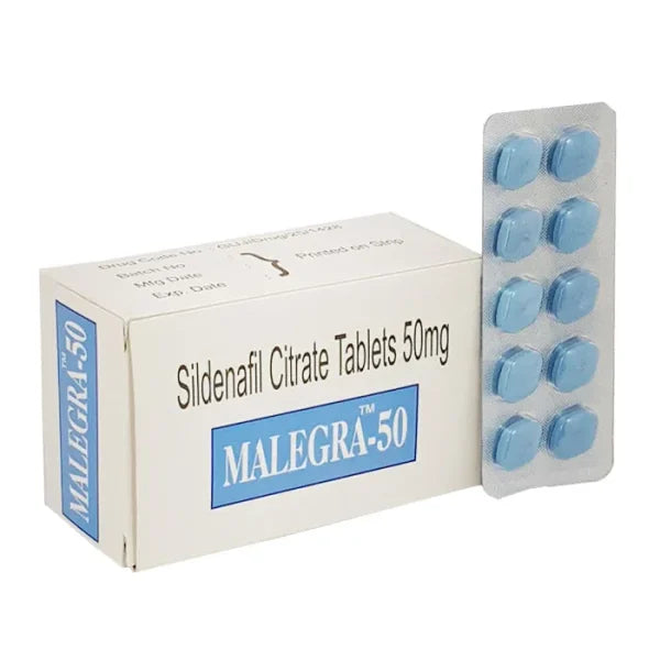 Malegra 50 standard strength Sildenafil tablet packaging for erectile dysfunction treatment
