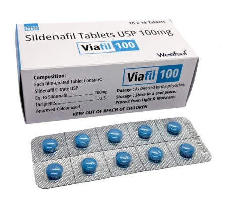 Viafil 100 standard strength Sildenafil tablet packaging for erectile dysfunction treatment