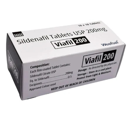 Package of Viafil 200 standard strength Sildenafil tablets for men's health